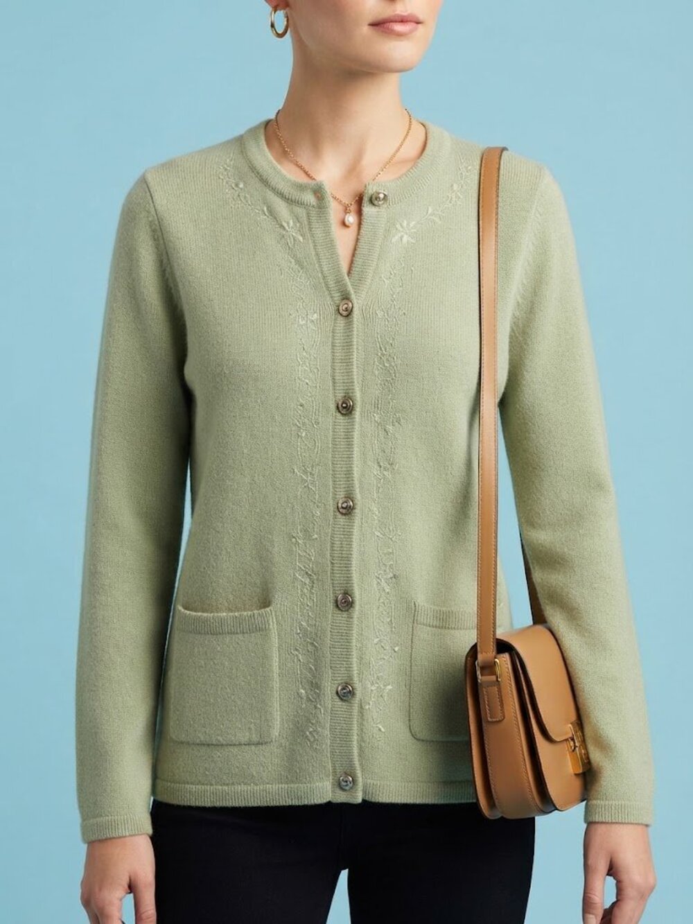 Sage Green Embroidered Button-Front Cardigan